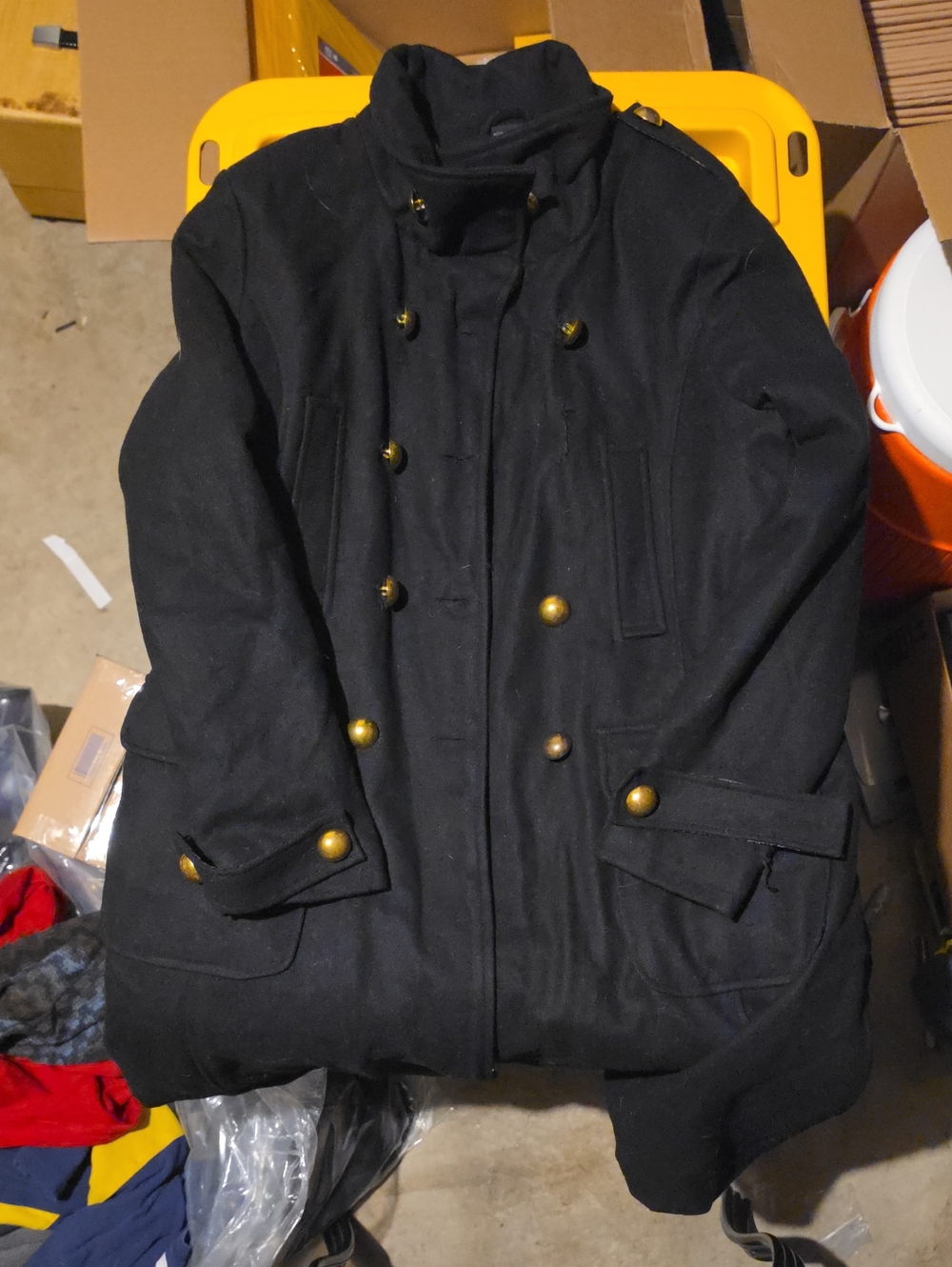 Men's Black Double-Breasted Pea Coat with Brass Buttons
